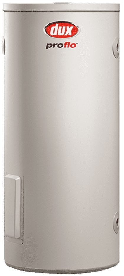 Cylindrical off-white Dux Proflo electric hot water storage tank