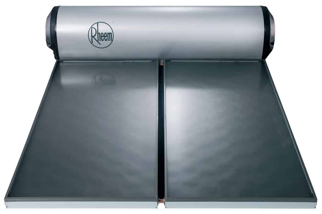 A silver Rheem roof-mounted solar hot water system