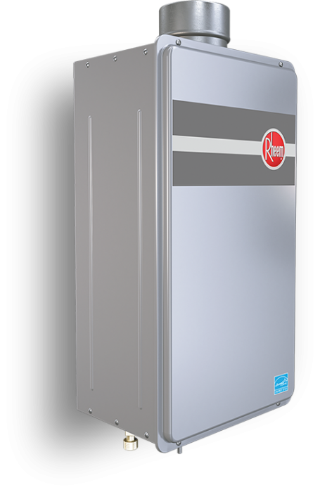 A silver Rheem tankless water heater with a grey and white stripe