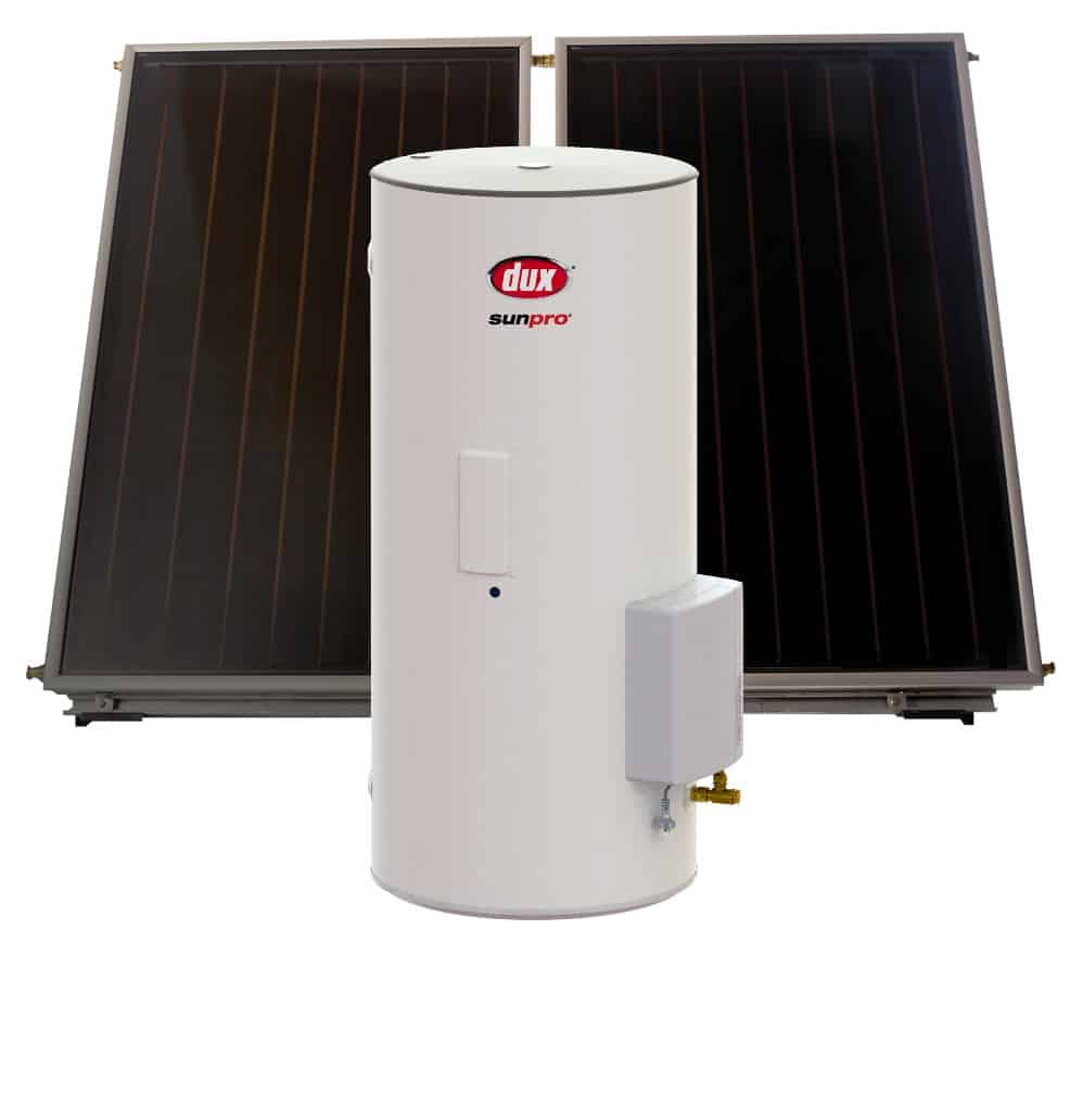 A Dux Sunpro solar hot water system featuring two flat-plate solar collectors positioned behind a white cylindrical storage tank.