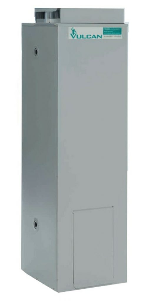 A tall, rectangular grey Vulcan gas hot water storage tank