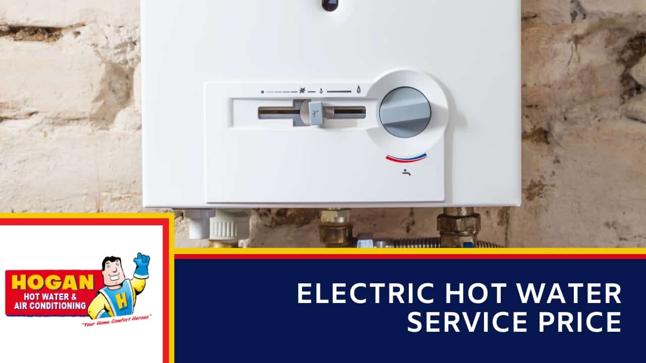 A control panel and temperature dial of a white electric hot water unit mounted against a stone wall.