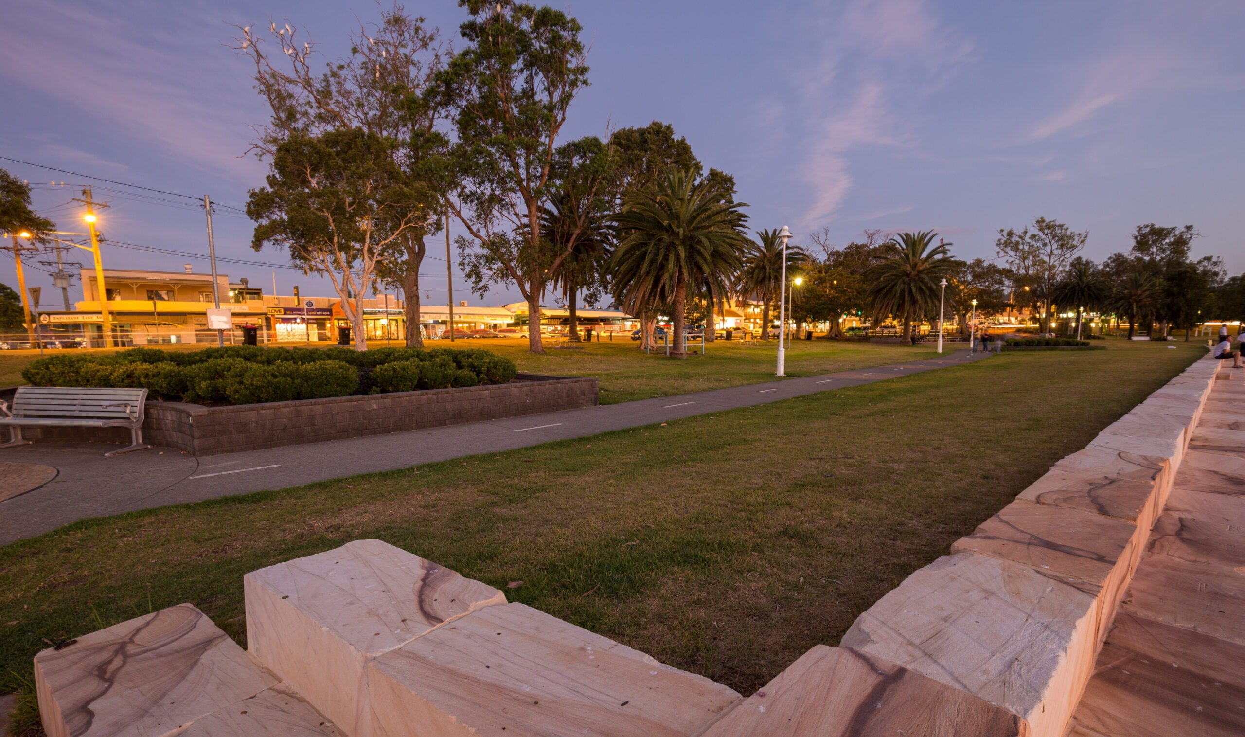 A tranquil park scene at dusk featuring a paved walkway lined with palm trees and streetlights