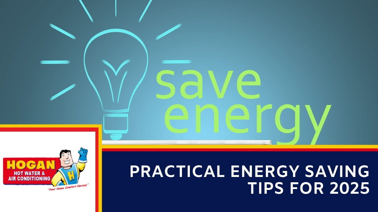 A graphic illustration of a glowing light bulb next to the words "save energy" on a blue background.