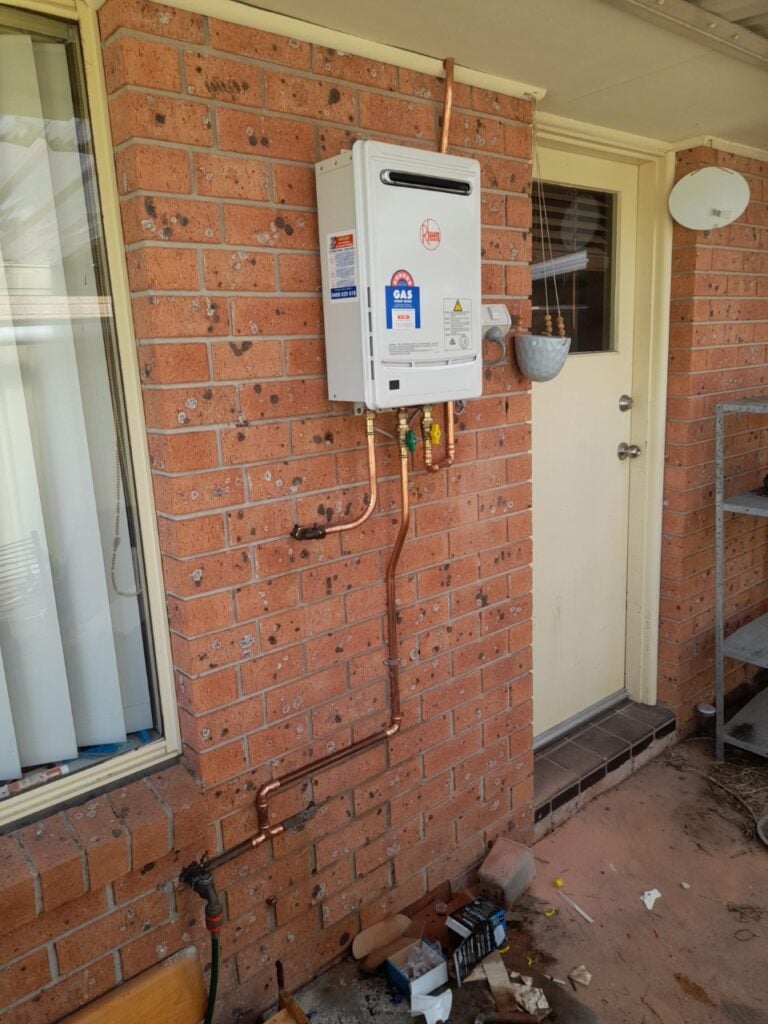 Wall-mounted Rheem continuous flow gas hot water unit installed on a red brick wall beside a doorway.