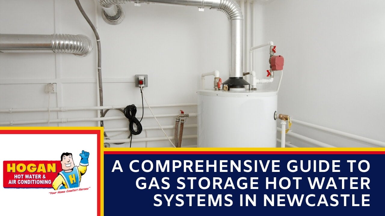 A white gas storage water heater tank with metal flue piping in a utility room