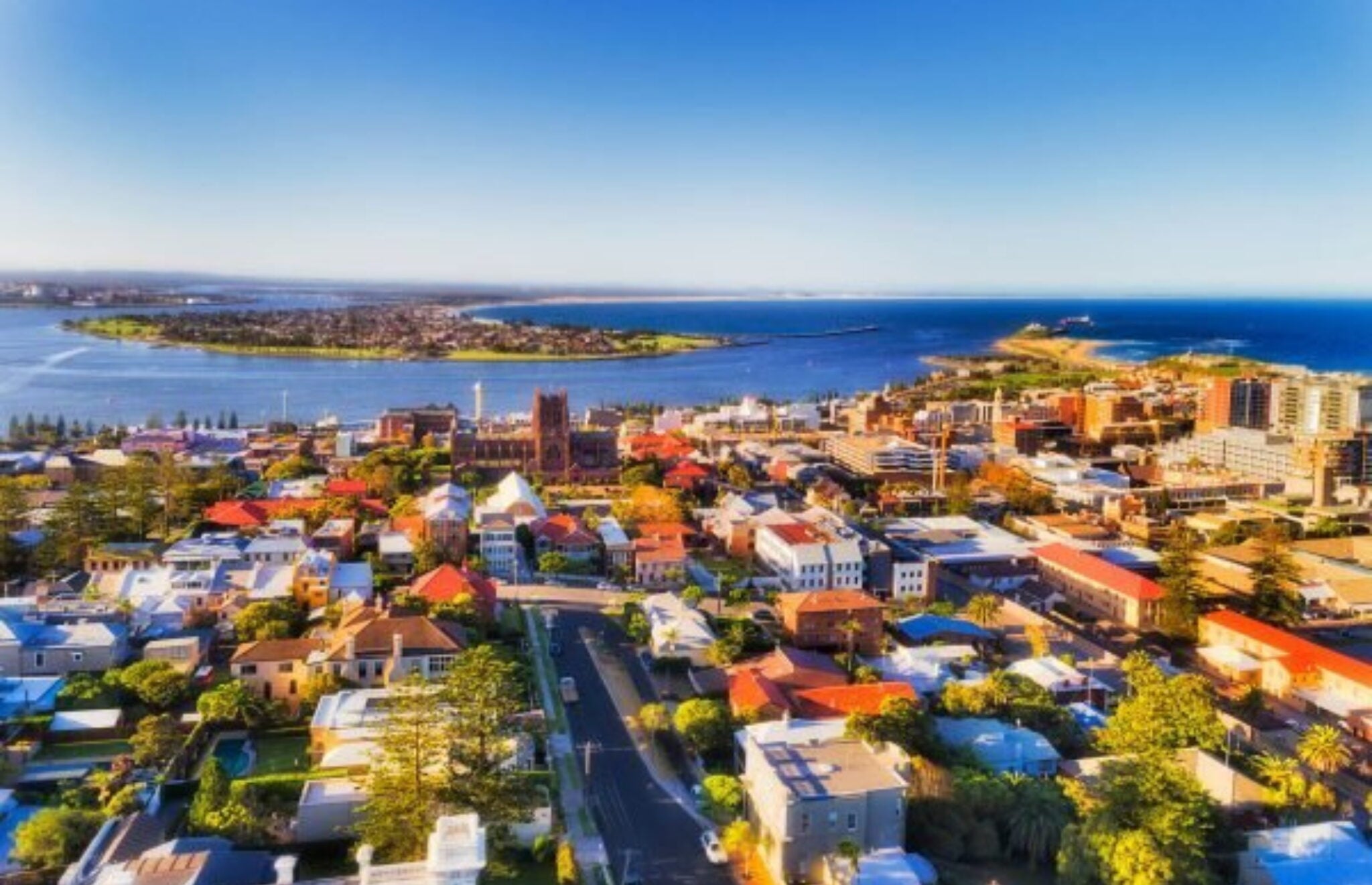 An aerial panoramic view of Newcastle, Australia
