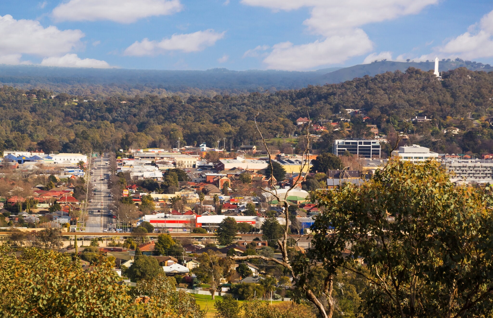Aerial view of a coastal town surrounded by lush forest, winding waterways, and mountains in the background.
