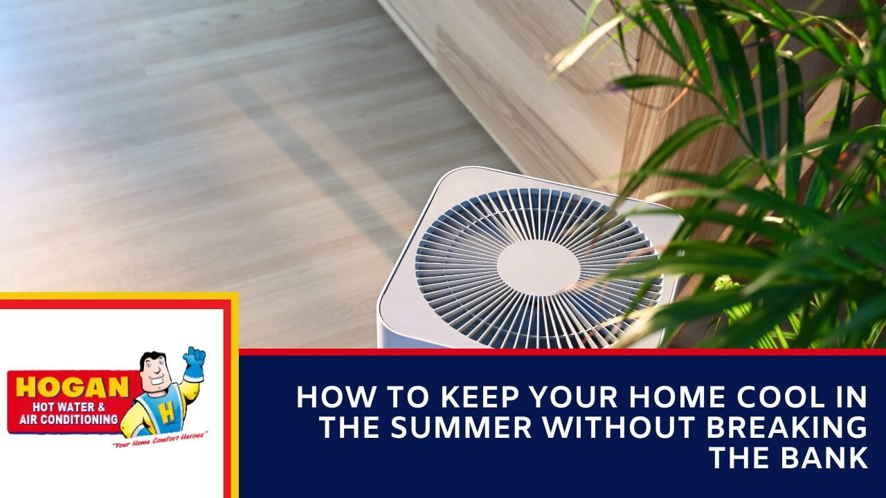 A white square air purifier or fan on a light wood floor next to a green indoor plant.