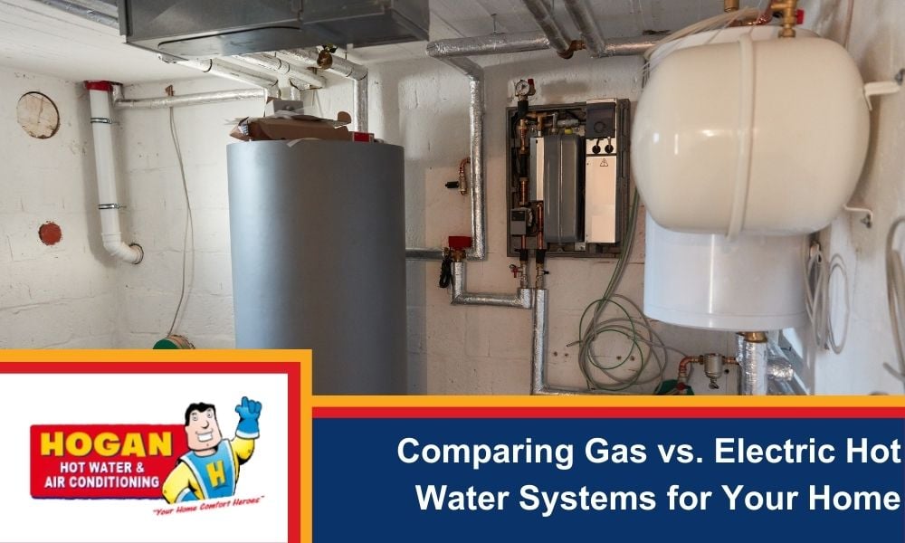 A utility room with a large grey storage tank and a wall-mounted water heating unit with visible copper piping.