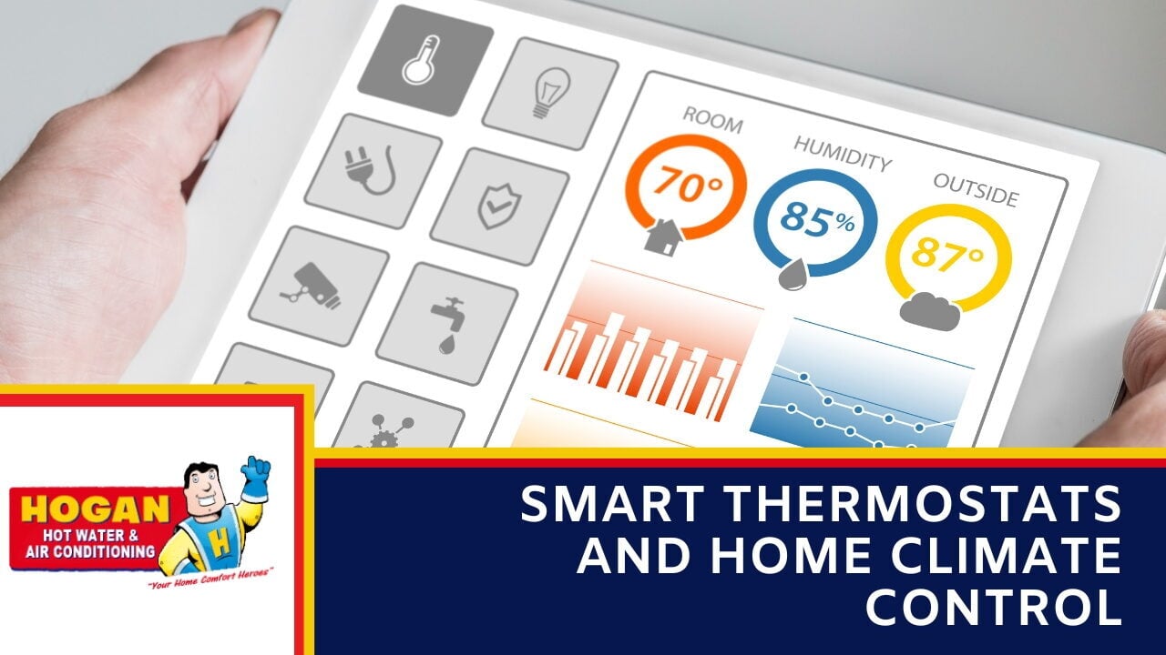 Hands holding a tablet displaying a home climate dashboard with room temperature, humidity, and outside conditions.