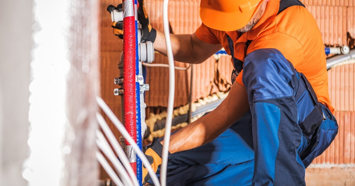 A worker installing or repairing plumbing pipes in a construction setting.