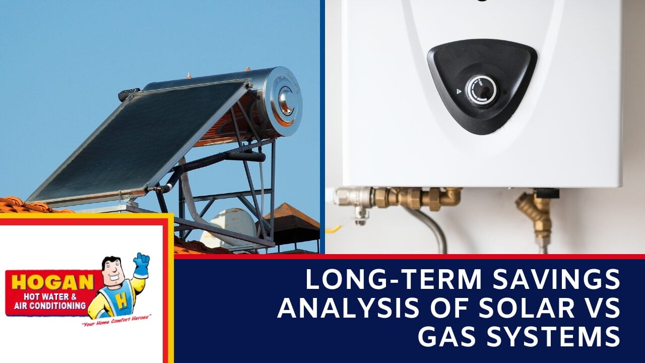 A split-screen graphic showing a rooftop solar water heater with a storage tank on the left and a close-up of a wall-mounted gas water heater with a control knob on the right.