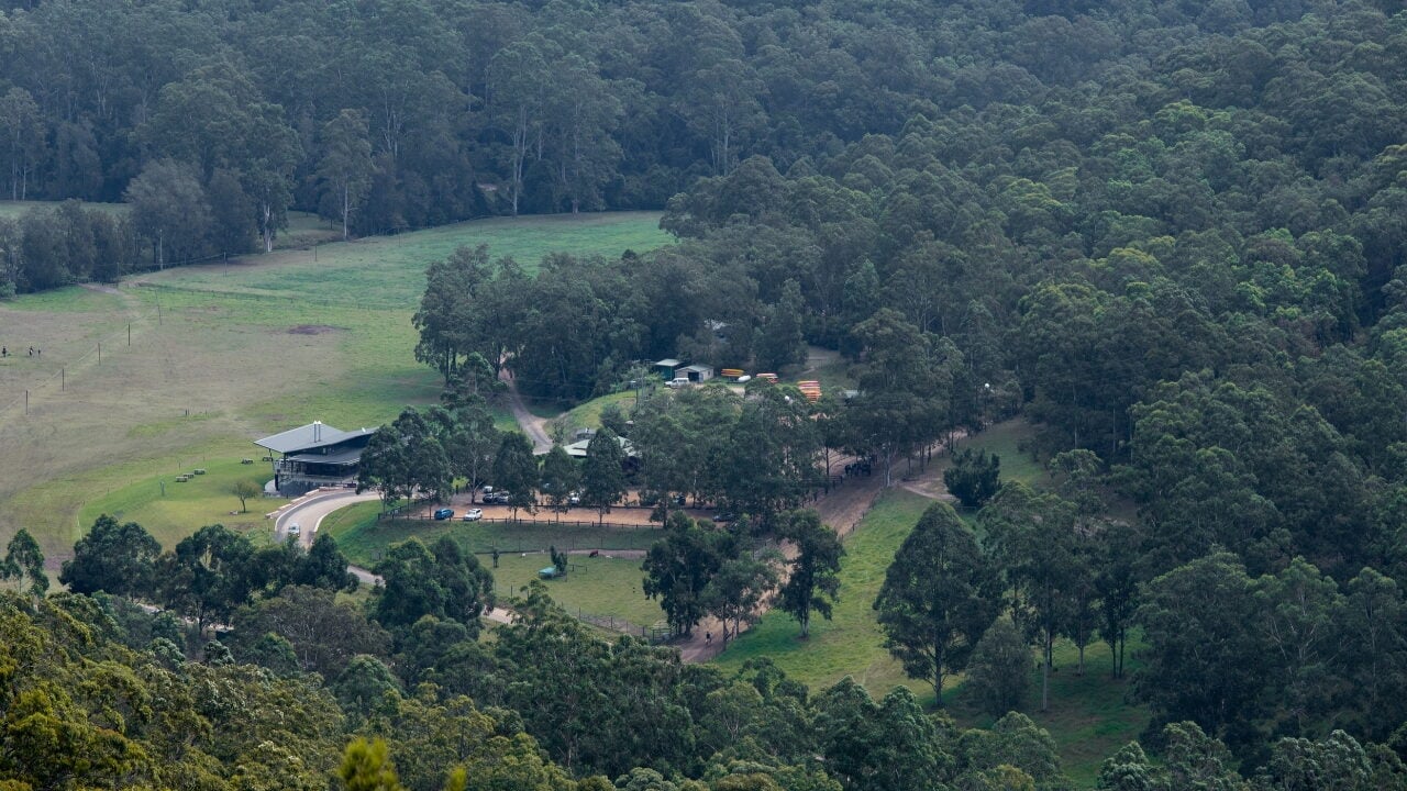 An elevated, wide-angle view of a rural landscape of Glenworth Valley