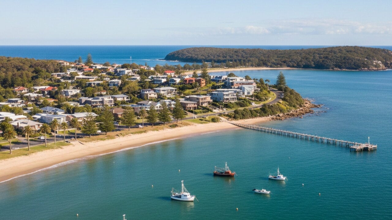 An aerial view of a coastal town with houses on a hillside overlooking a sandy beach.
