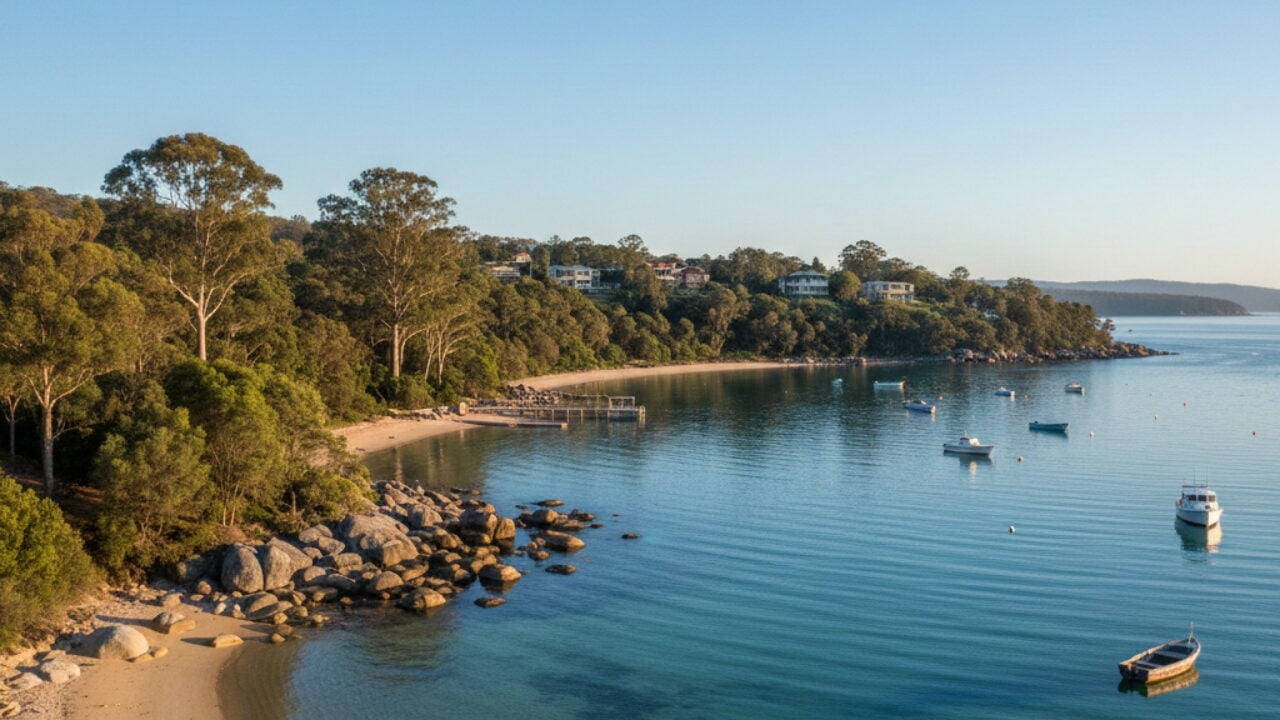 An elevated, wide view of a calm turquoise bay curving along a sandy beach and a rocky shoreline.