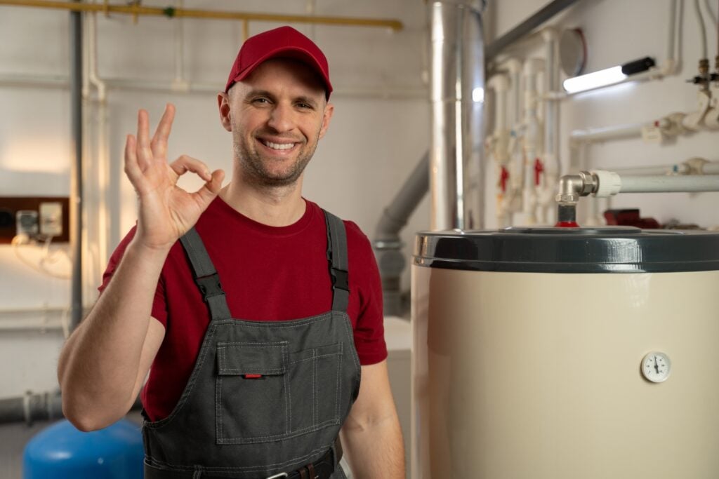 A smiling technician wearing a red shirt, red cap, and grey overalls gives an okay hand gesture next to a large hot water heater tank