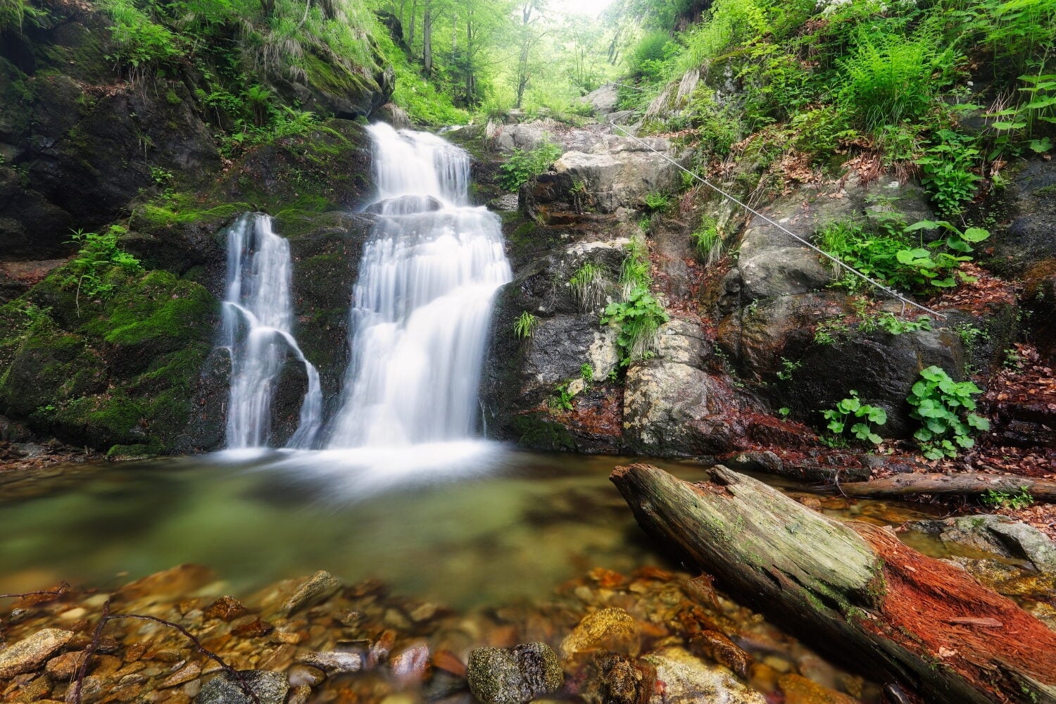A multi-tiered waterfall cascading down mossy rocks into a clear pool, surrounded by green forest vegetation with a fallen log in the foreground.