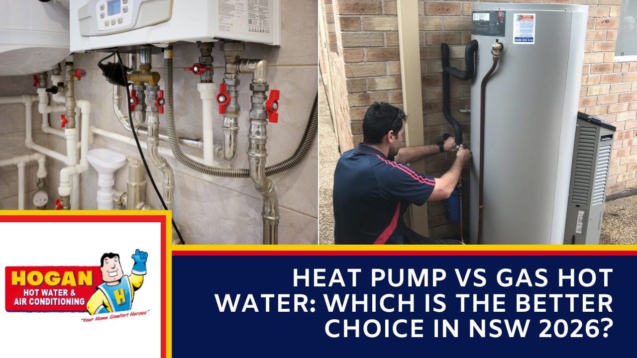 A split image showing a wall-mounted gas water heater on the left and a technician servicing an outdoor heat pump system on the right