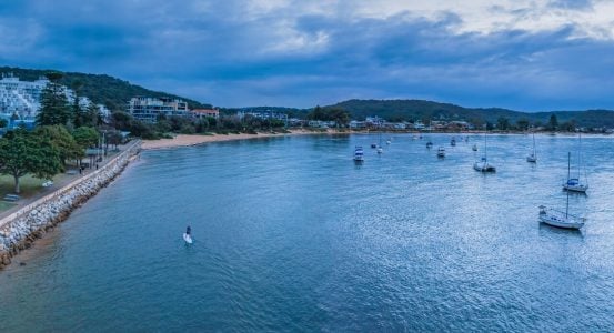 An elevated view of Ettalong beach at twilight