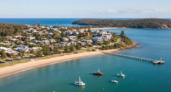 Hot Water Installation and Maintenance Blackwall An aerial view of a coastal town with houses on a hillside overlooking a sandy beach.