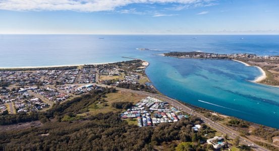 Aerial view of Blacksmiths Beach and Swansea Channel at the mouth of Lake Macquarie - Australia's largest salt water lake